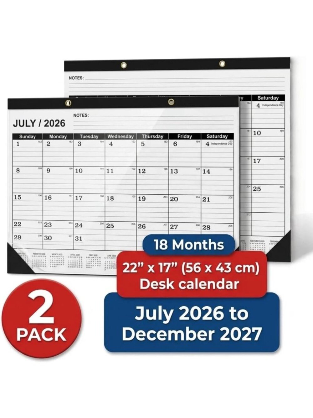 Large Desk Calendar 2026-2027, Classic Black, 22x17, 2-Pack, Monthly Planner